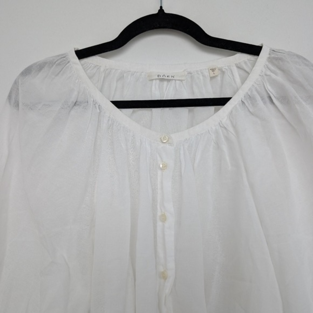 Doen Jiana Top Organic Cotton Blend Women's White Button Blouse Sz L Semi Sheer